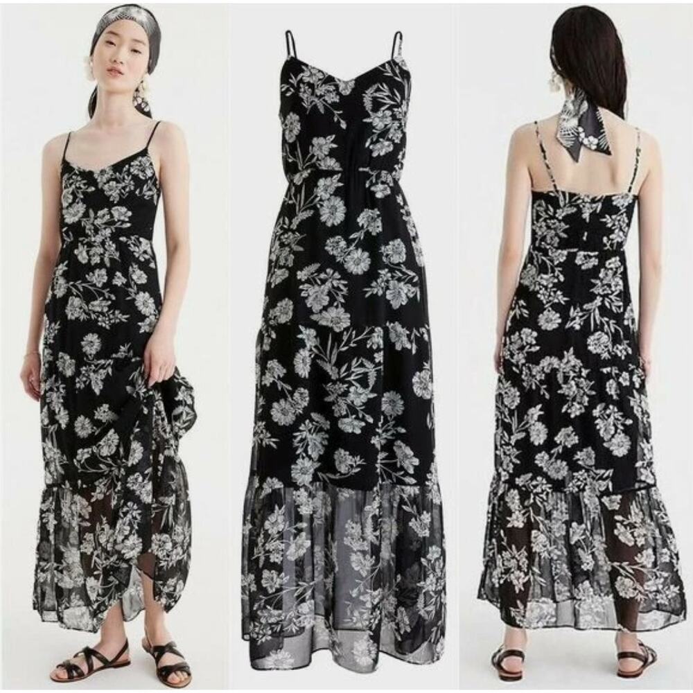 J.Crew‎ Mercantile Tiered Floral Maxi Dress Black/White Floral Size 0